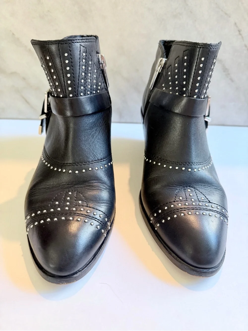 Vince Camuto Black Leather Studded Ankle Booties Western Moto Boots